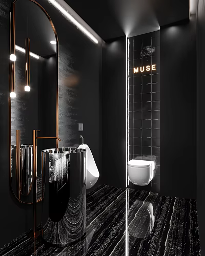 Public Restroom With Modern Design Black Tile Walls Metal Fixtures And Mirrors 3d model