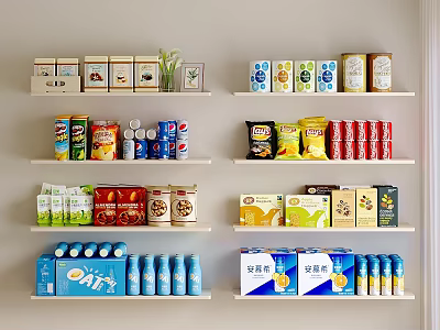Organized White Shelves With Various Packaged Foods Cans Drinks Chips Cereal And Oat Milk 3d model