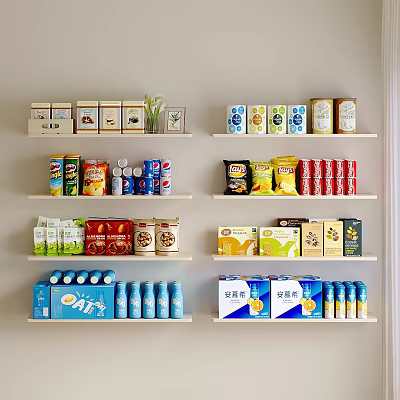 Organized White Shelves With Various Packaged Foods Cans Drinks Chips Cereal And Oat Milk 3d model