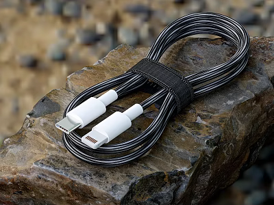 Braided Mobile Phone Data Cable With USB And Lightning Connectors On Rock Surface 3d model