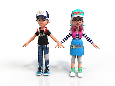 Two Cartoon Characters In Casual Clothing With Hats Glasses Backpack And Apron 3d model