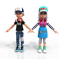 Two Cartoon Characters In Casual Clothing With Hats Glasses Backpack And Apron