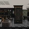 Luxury Club Interior Design With Plush Sofa Wine Rack And Checkerboard Floor