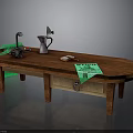 Oval Wooden Kitchen Table With Silver Kettle Green Tags And Drawer