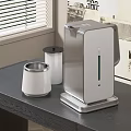 Modern Silver Coffee Maker With White Cup Metal Cup On Dark Table Near Window Blinds