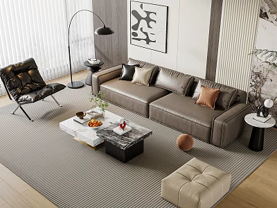 Modern Grey Leather Sofa with Marble Coffee Table Armchair Ottoman Rug Pillows and Artwork 3d model