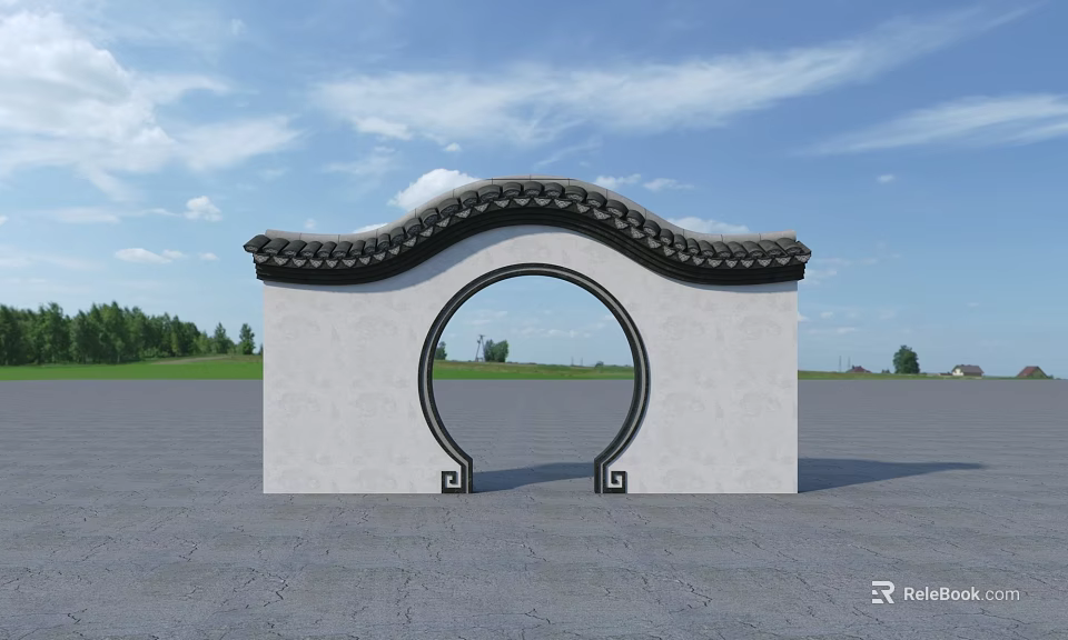Ancient Chinese Architecture Moon Gate Under Blue Sky With White Walls And Black Tiled Roof 3d model 