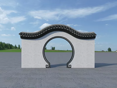 Ancient Chinese Architecture Moon Gate Under Blue Sky With White Walls And Black Tiled Roof 3d model