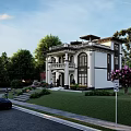 Two Story Detached Villa With White Exterior Lush Greenery Palm Trees Lawn And Driveway