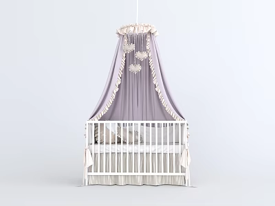White Baby Crib With Purple Canopy Frilled Edges And Soft Bedding 3d model