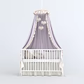 White Baby Crib With Purple Canopy Frilled Edges And Soft Bedding