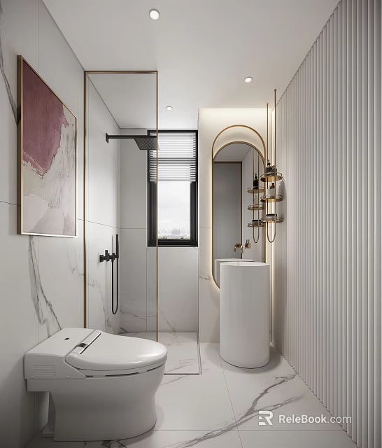 Modern Bathroom Interior With Marble Walls Round Mirror White Vanity Toilet And Shower Area 3d model 