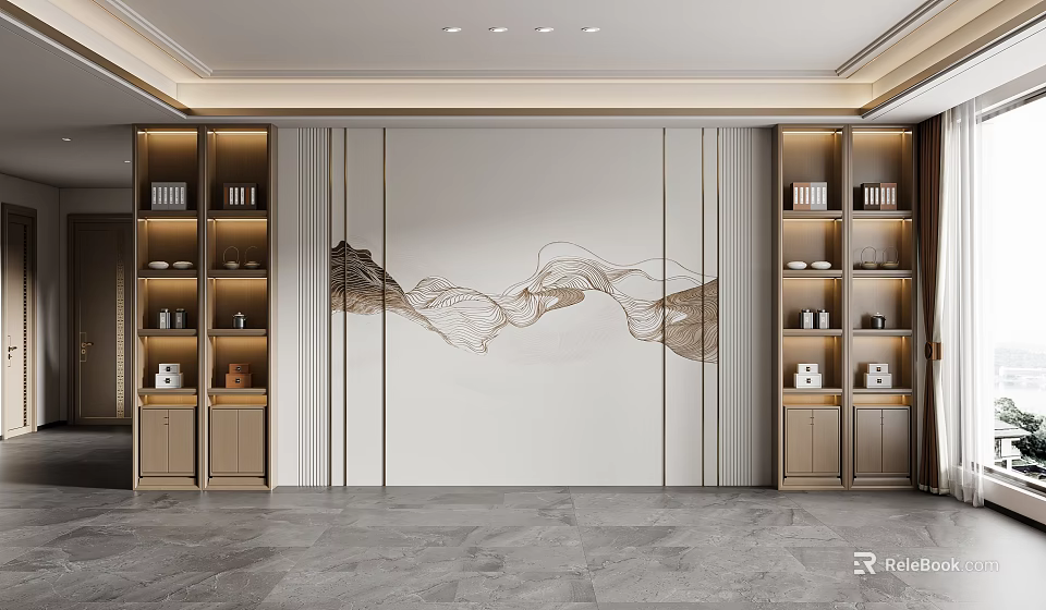 Modern Sofa Background Wall With Art Lines Cabinets And Shelves 3d model 