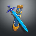 Blue Glowing Sword With Purple Decorative Hilt And Yellow Scabbard Featuring Intricate Patterns 3d model
