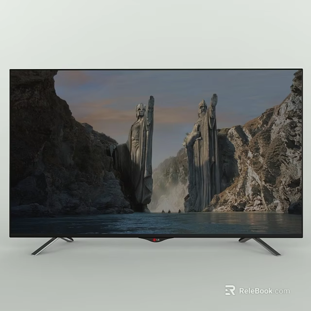 Modern Slim Black TV Showing Large Stone Statues Mountain River Scene 3d model 