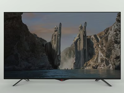 Modern Slim Black TV Showing Large Stone Statues Mountain River Scene 3d model
