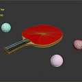 Red Table Tennis Racket With Blue Stripe Handle And Three White Balls