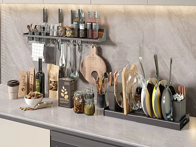 Organized Kitchenware Storage on Gray Countertop with Spatulas Ladles Plates Cups and Condiment Bottles 3d model