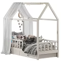 White Frame Kids Bed With Canopy Curtains Moon And Star Decorations Pillows And Stuffed Toys