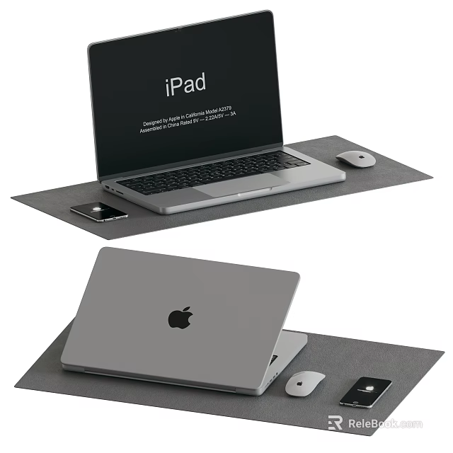 Apple Laptop With iPad Wireless Mouse And Smartphone On Desk Mat Setup 3d model 
