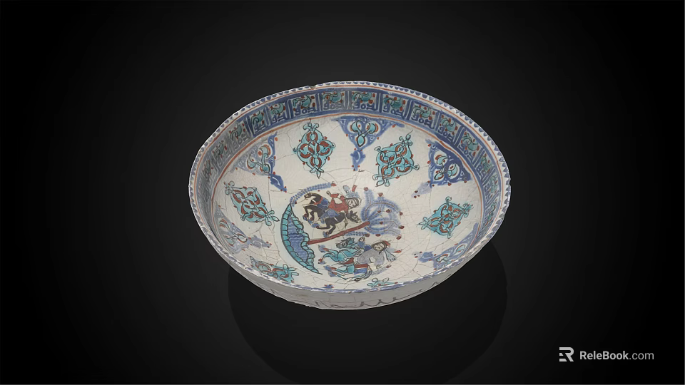 Artistic Dinnerware Set with Decorative Plate Ornate Border Blue White Traditional Patterns Central Motif 3d model 