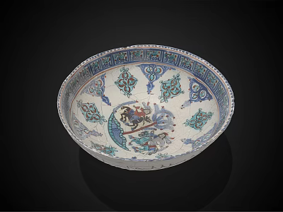 Artistic Dinnerware Set with Decorative Plate Ornate Border Blue White Traditional Patterns Central Motif 3d model