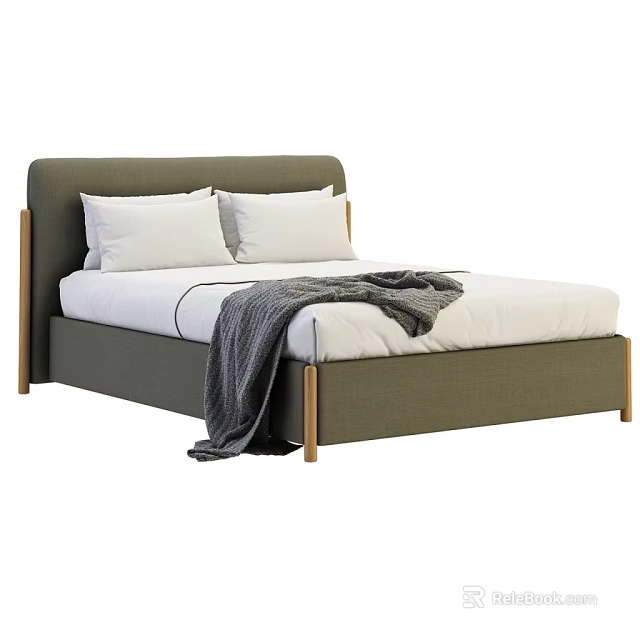 Modern Double Bed With Green Upholstered Headboard Wooden Legs White Pillows And Gray Blanket 3d model 