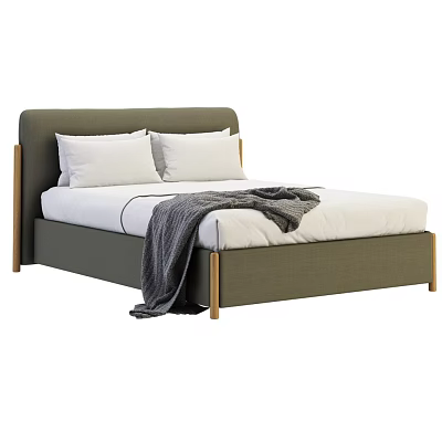 Modern Double Bed With Green Upholstered Headboard Wooden Legs White Pillows And Gray Blanket 3d model