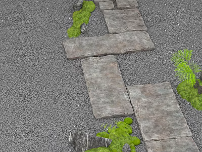Natural Stone and Wood Path Design with Gray Gravel and Green Moss Plants 3d model