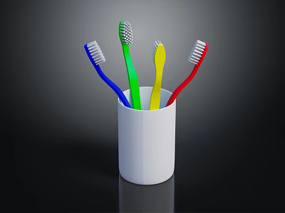 Four Colorful Toothbrushes In White Cup For Daily Hygiene Use 3d model