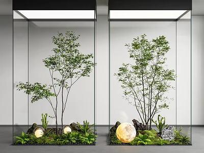 Glass Enclosed Indoor Landscape with Trees Green Plants Stones and Glowing Spheres 3d model