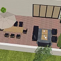 Outdoor Dining Table Set With Umbrella And Chairs On Wooden Patio