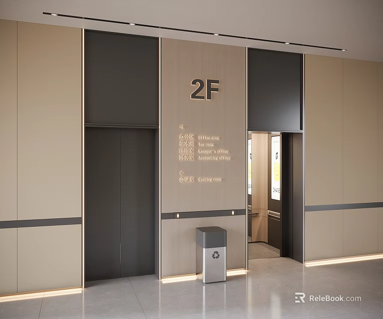 Sleek Elevator Lobby Interior With 2F Sign Elevator Doors Trash Bin And Beige Wall Design 3d model