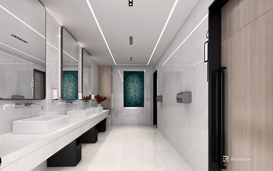 Public Restroom Modern Interior With White Sinks Mirrors Green Wall Decor And Tiled Floor 3d model 