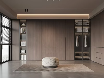 Modern Walk-in Closet Interior With Wooden Storage Cabinets Hanging Area Carpet And Round Stool 3d model