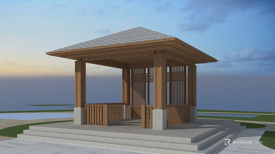 Wooden Landscape Pavilion Featuring Tiled Roof Stone Steps and Waterfront Scenery 3d model 
