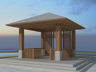 Wooden Landscape Pavilion Featuring Tiled Roof Stone Steps and Waterfront Scenery 3d model
