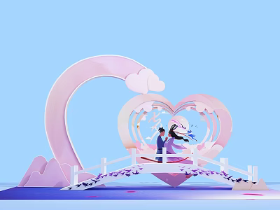 Scenic Romantic Heart Shaped Structure With Couple On Bridge Pink Clouds And Pastel Blue Background 3d model