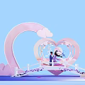 Scenic Romantic Heart Shaped Structure With Couple On Bridge Pink Clouds And Pastel Blue Background
