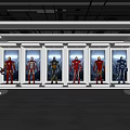 Modern Exhibition Hall Showcasing Iron Man Armor Models In Display Cases With Lighting