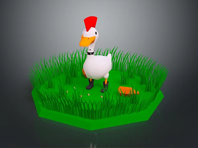 Cute Cartoon Duck Wearing Red Hat Standing on Lush Green Grass with Small Orange Object 3d model