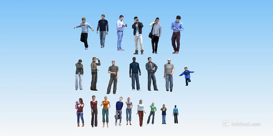 Group of Diverse People in Various Poses and Different Outfits Standing Together 3d model 