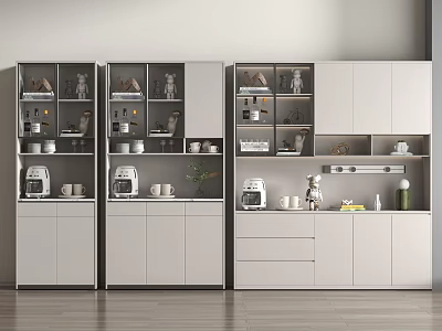 Modern White Wine Cabinetry With Tea Sets Coffee Machines Mugs And Decorative Items 3d model