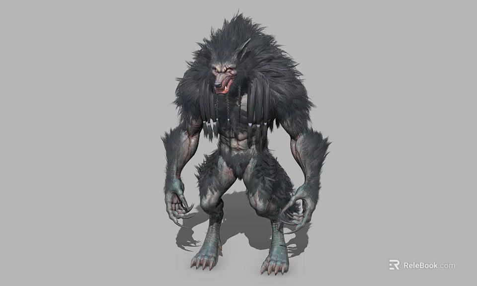 Game Movie Character Ferocious Monster With Black Fur Sharp Claws Teeth And Crouching Pose 3d model 