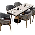 Rectangular Dining Table Set With Six Upholstered Chairs Light Tabletop Black Base 3d model
