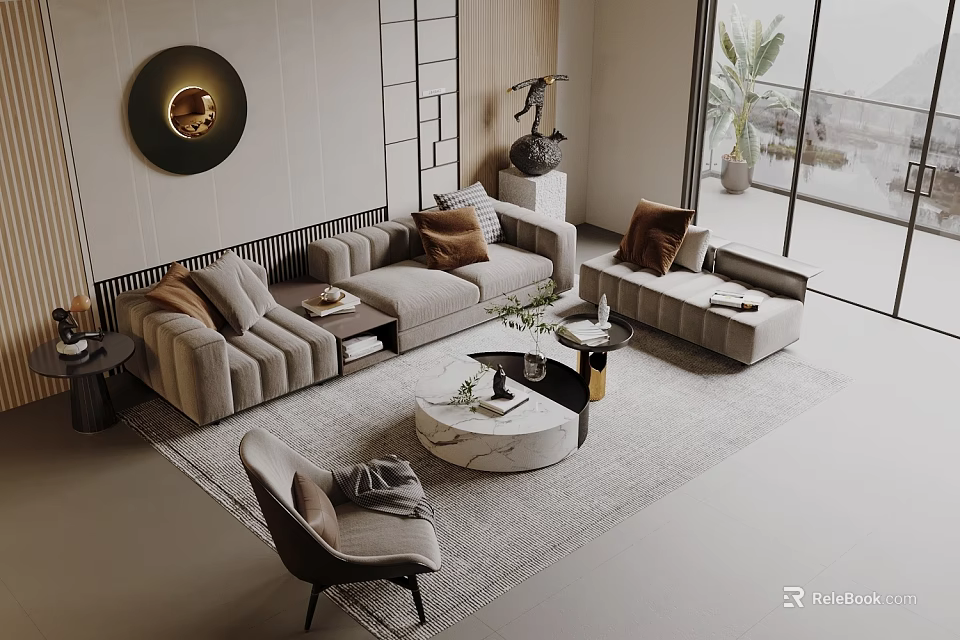 Modern Living Room Interior With Beige Sofa Round Coffee Table And Floor to Ceiling Windows 3d model 