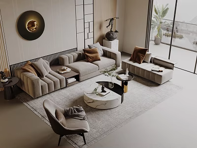 Modern Living Room Interior With Beige Sofa Round Coffee Table And Floor to Ceiling Windows 3d model
