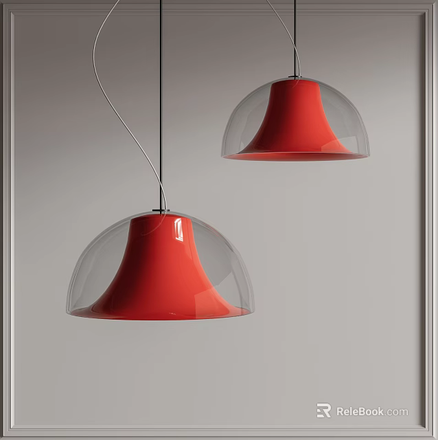 Modern Red Pendant Lights with Transparent Outer Layers Two Hanging Against Grey Background 3d model