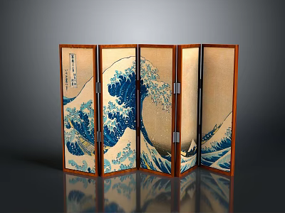 Traditional Japanese Folding Screen With Great Wave off Kanagawa Pattern And Wooden Frame 3d model