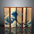 Traditional Japanese Folding Screen With Great Wave off Kanagawa Pattern And Wooden Frame